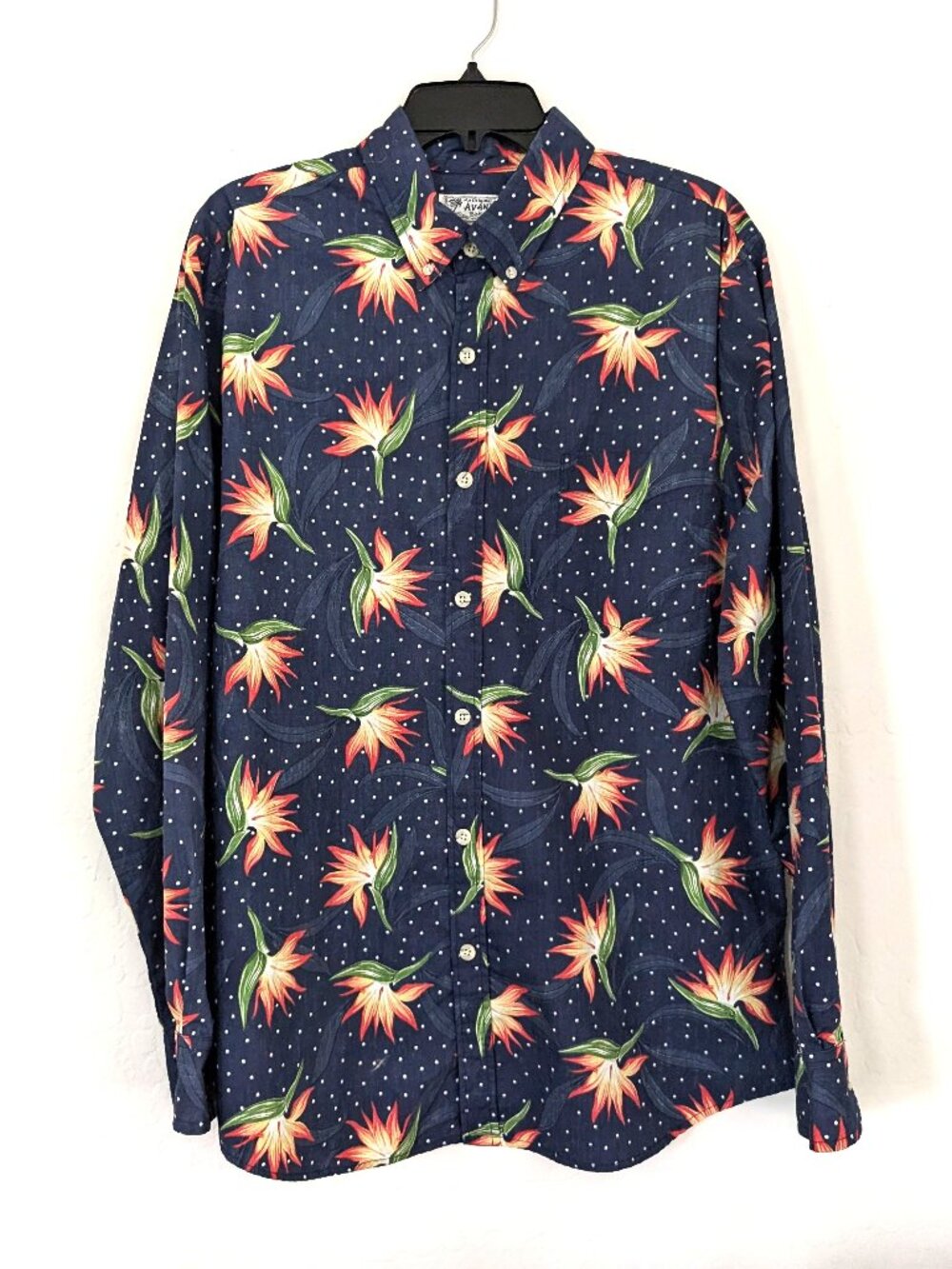 AVANTI Shirt Mens XL Blue Paradise Polka Tropical Button Down Long Sleeve Hawaii